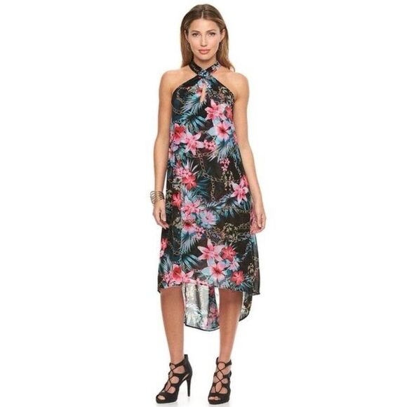 Jennifer Lopez Cross-Front Halter Dress Black Floral-SIZE LARGE - Picture 1 of 9